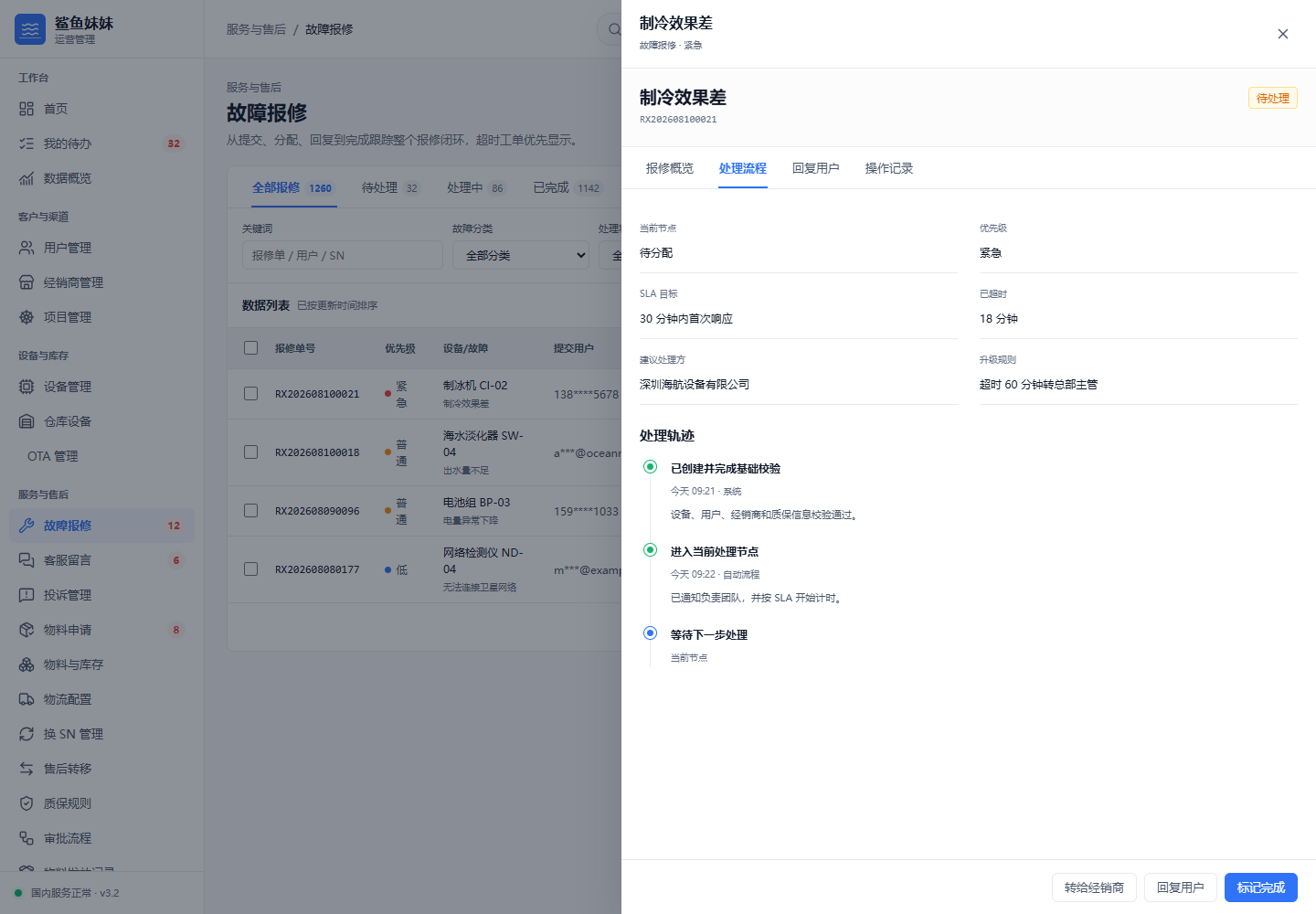 鲨鱼妹妹后台报修工单处理流程页面